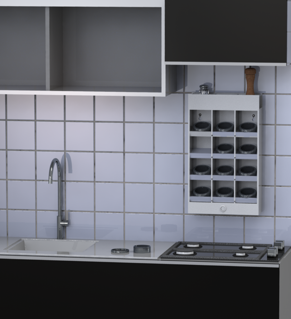 Render of the prototype hanging on the wall of the kitchen environment